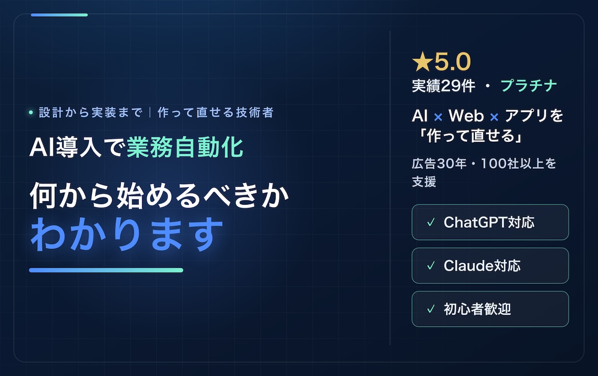 AIで何を自動化すべきか？作れる人が診断します ★5.0・実績29件｜ツール紹介で終わらせず実装まで対応 イメージ1