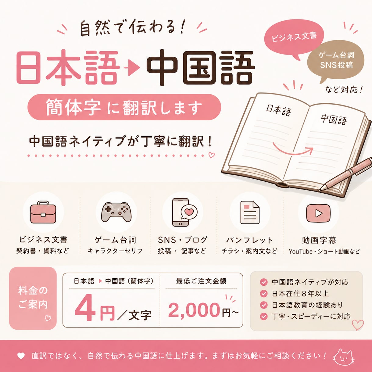 日本語を中国語に翻訳｜ゲーム・SNS・ビジネスます 直訳ではなく、自然に伝わる中国語へ イメージ1