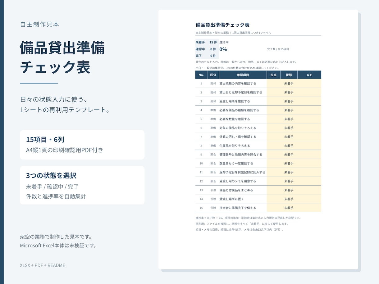 支給項目を進捗付きExcelチェック表にします 30項目まで・状態別件数と進捗率を表示 イメージ1