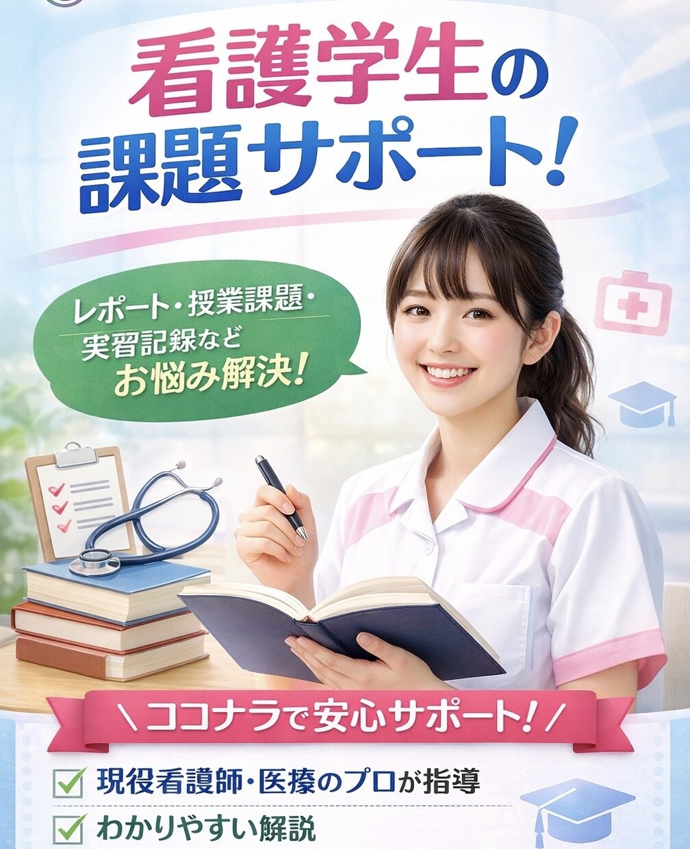 看護実習課題のサポートをます 個別塾。実習課題の評価点になるようなサポートをします。 イメージ1