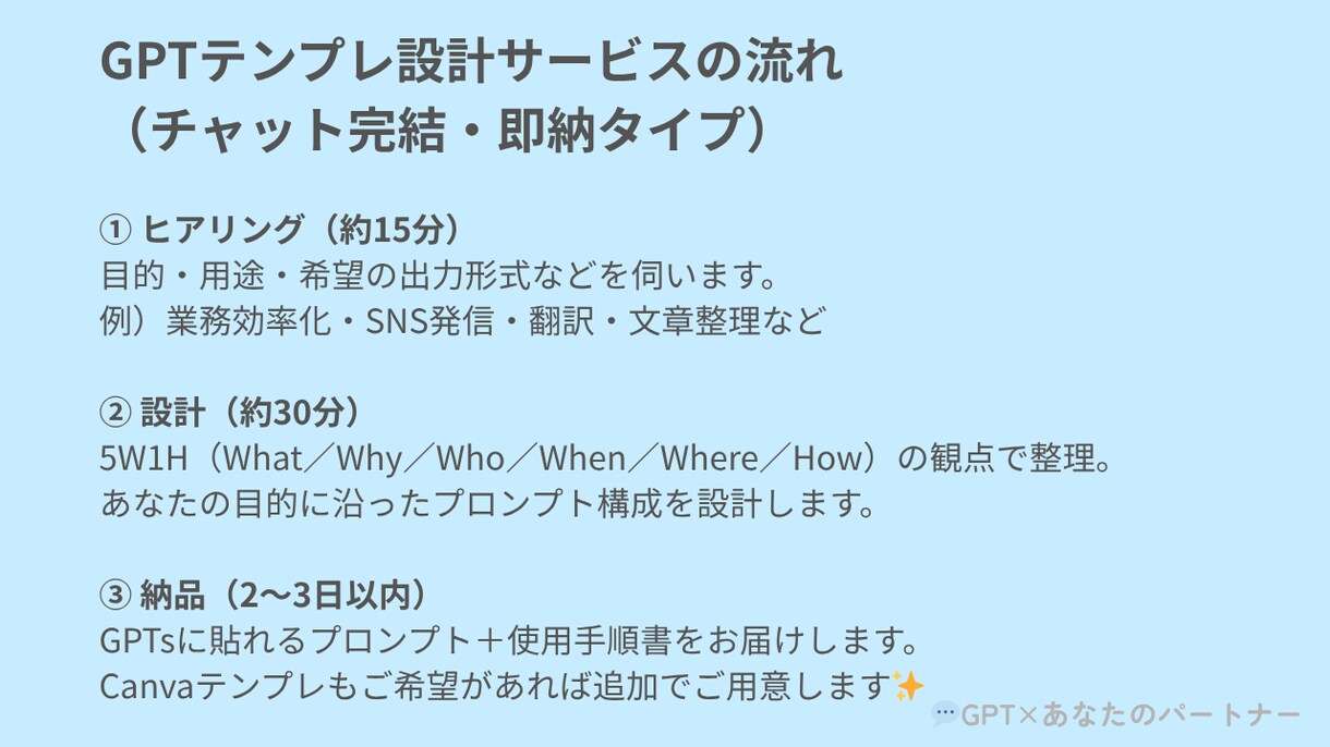 5W1Hで作るあなただけのGPT設計テンプレます あなたの目的に合わせたGPTプロンプトを設計・納品します イメージ3
