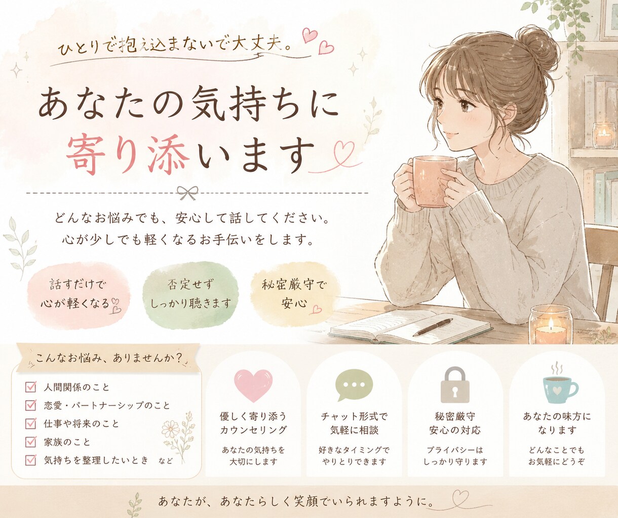 あなたの悩みを優しくお聞きします 話すだけでも大丈夫。あなたに寄り添います イメージ1