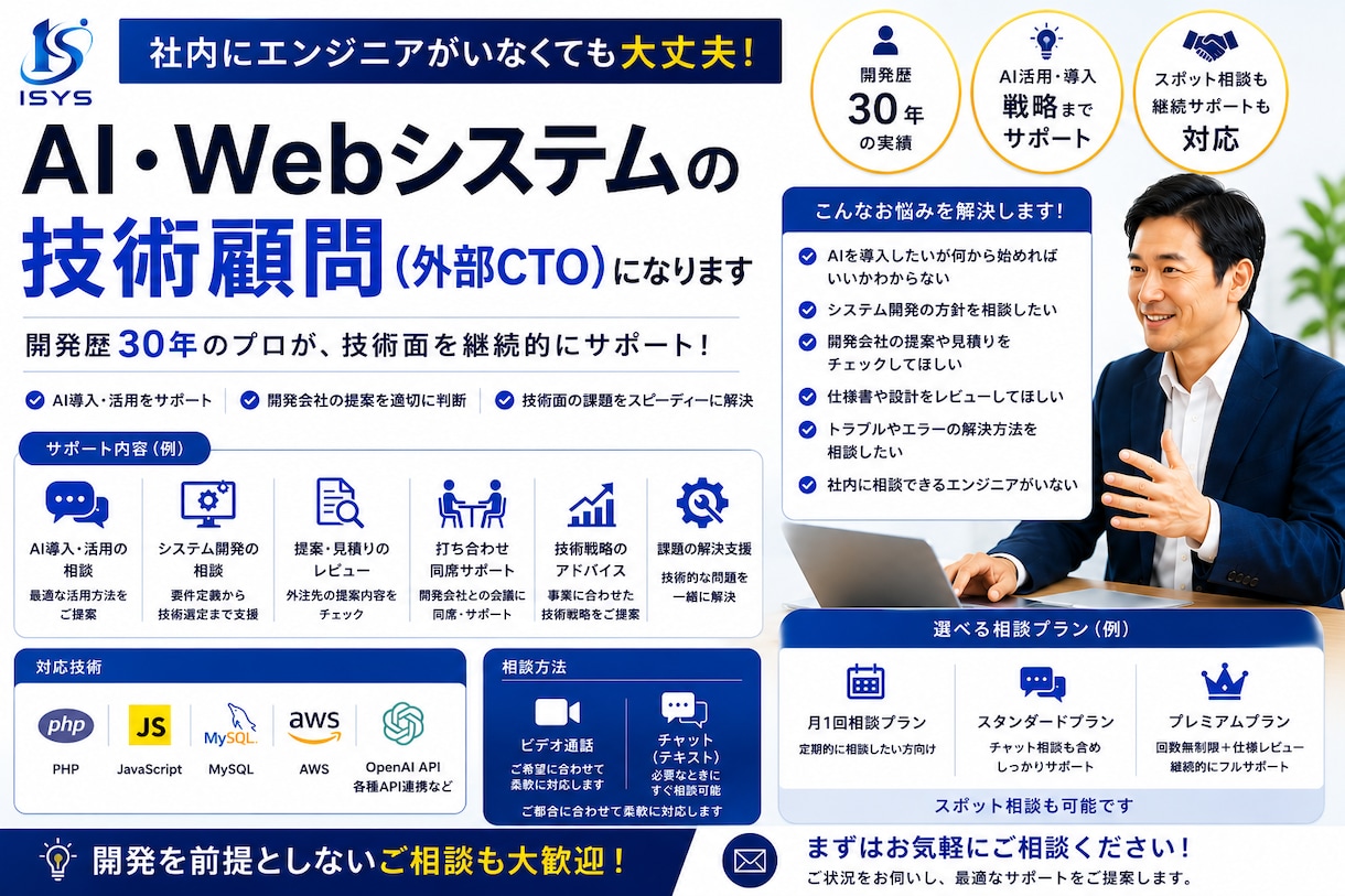 外部CTOとしてAI・Web開発を支援します 開発歴30年、技術面の相談・サポートします イメージ1