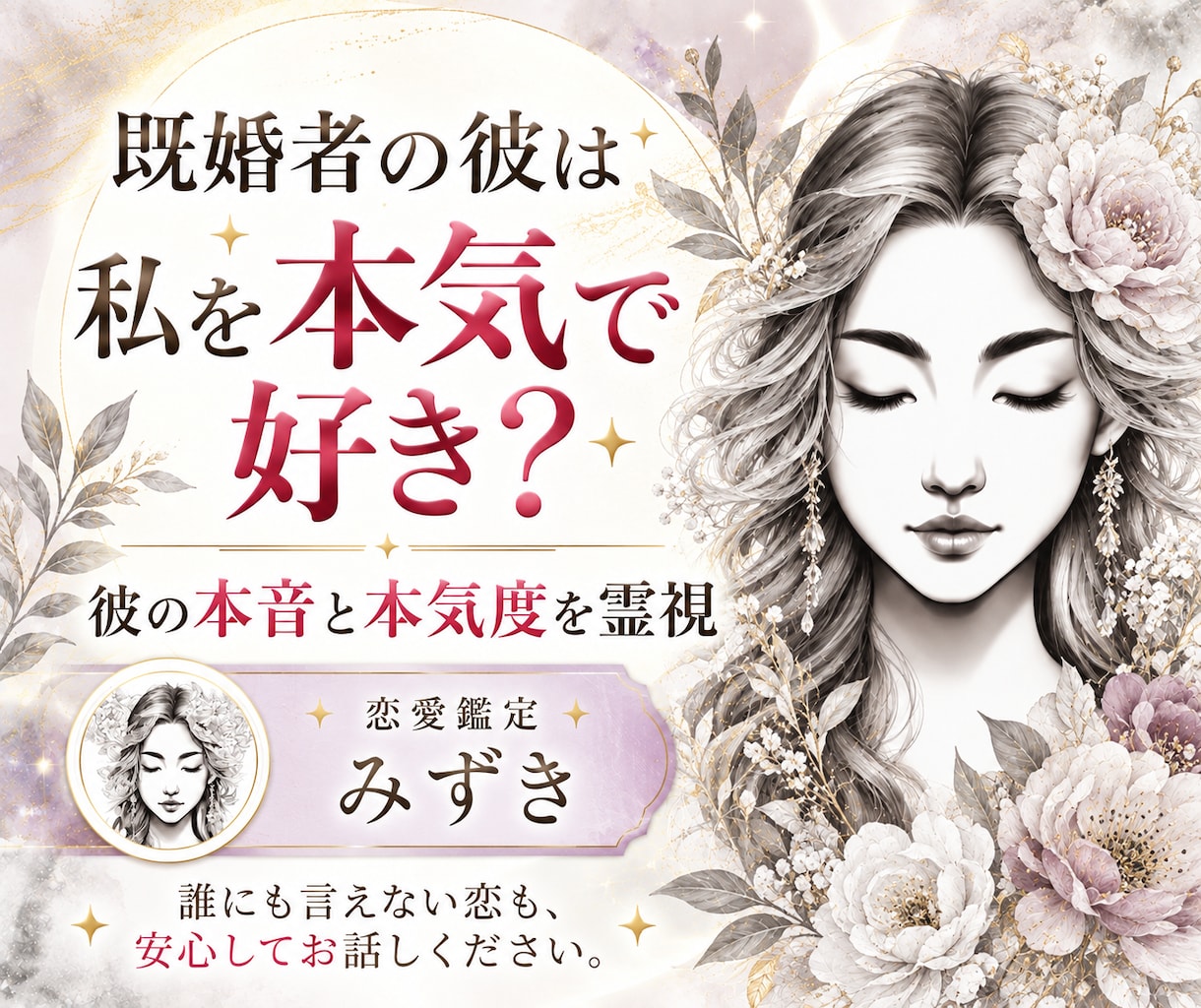既婚者の彼は本気？あなたへの本音を視ます 「私だけが好き？」彼の気持ちと本気度を霊視します イメージ1