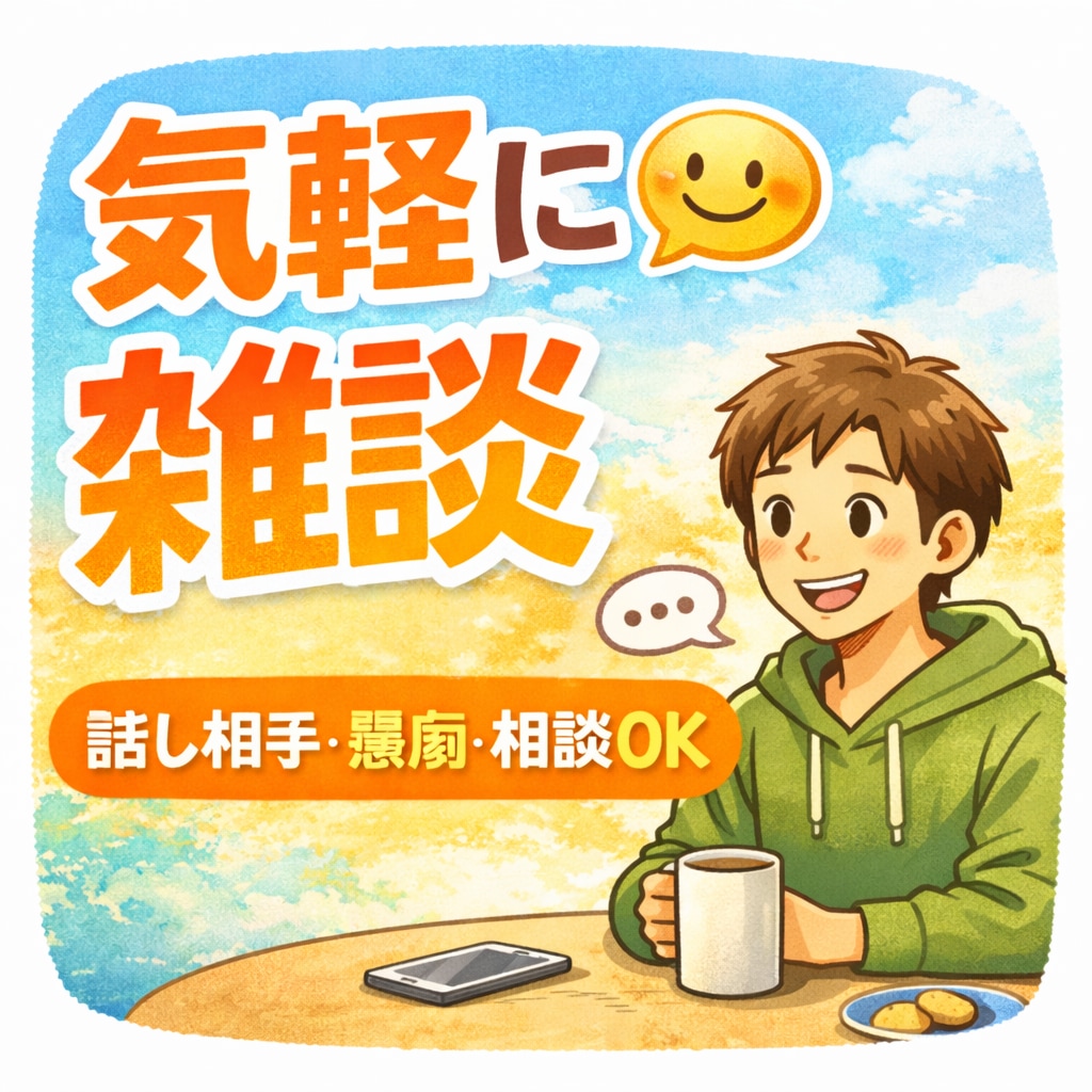 気軽に雑談や愚痴や相談なんでも聞きます 気軽に雑談!!愚痴・暇つぶし・相談なんでも聞きます イメージ1