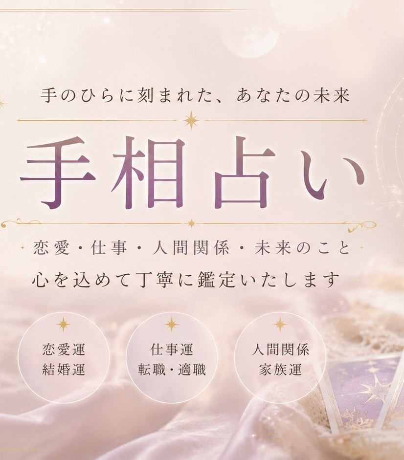 恋愛、仕事、未来…あなたの運勢を鑑定します 手相からあなたの運勢を丁寧に鑑定。手のひらに眠る運命と才能 イメージ1