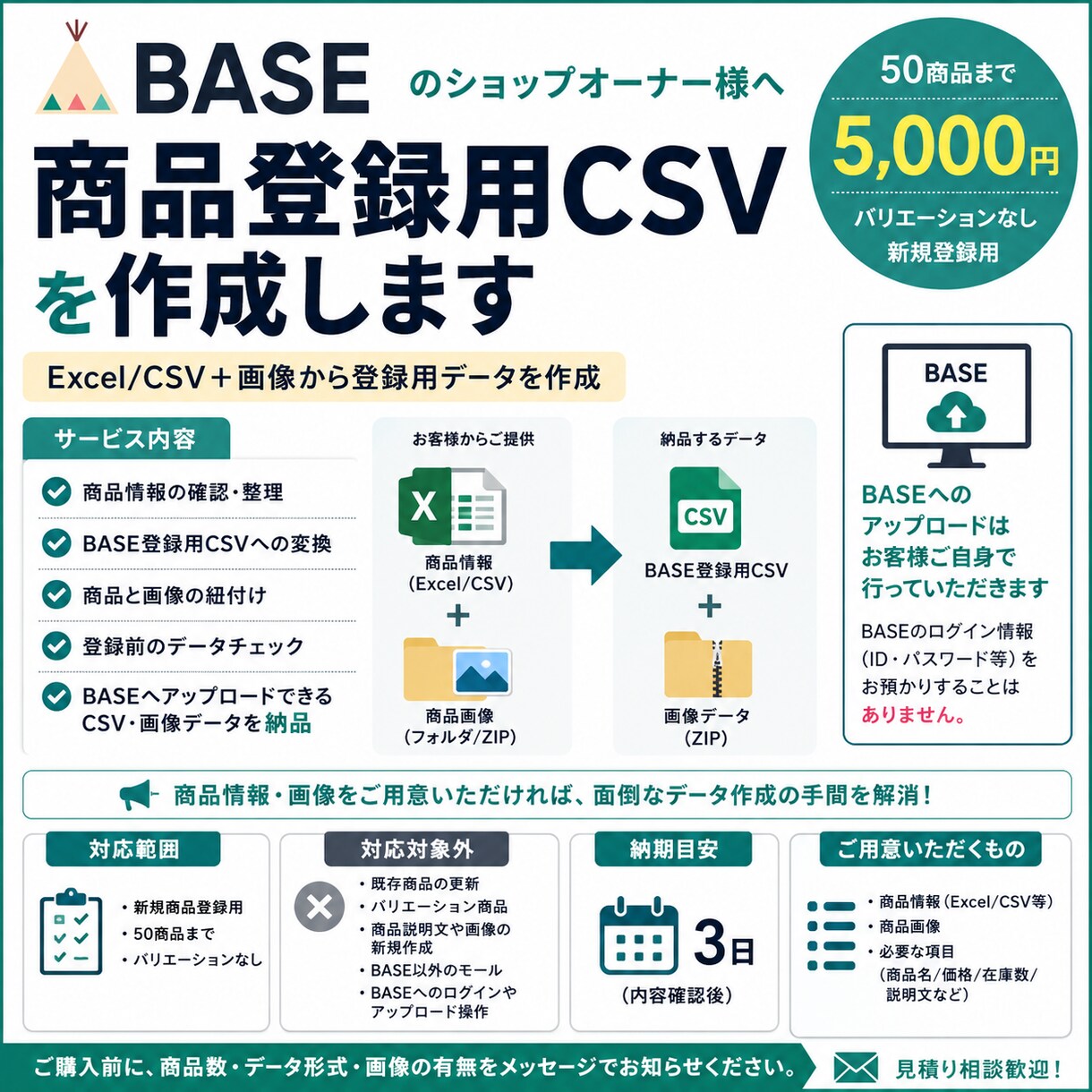 BASEの商品登録用CSVを作成します 50商品までの登録用CSVを作成します イメージ1