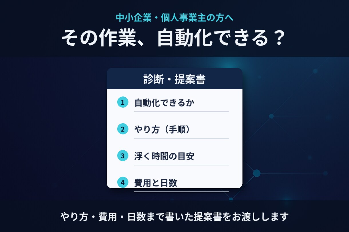 その手作業、自動化できる？エンジニアが診断します やり方・費用・日数まで書いた提案書でお答えします イメージ1