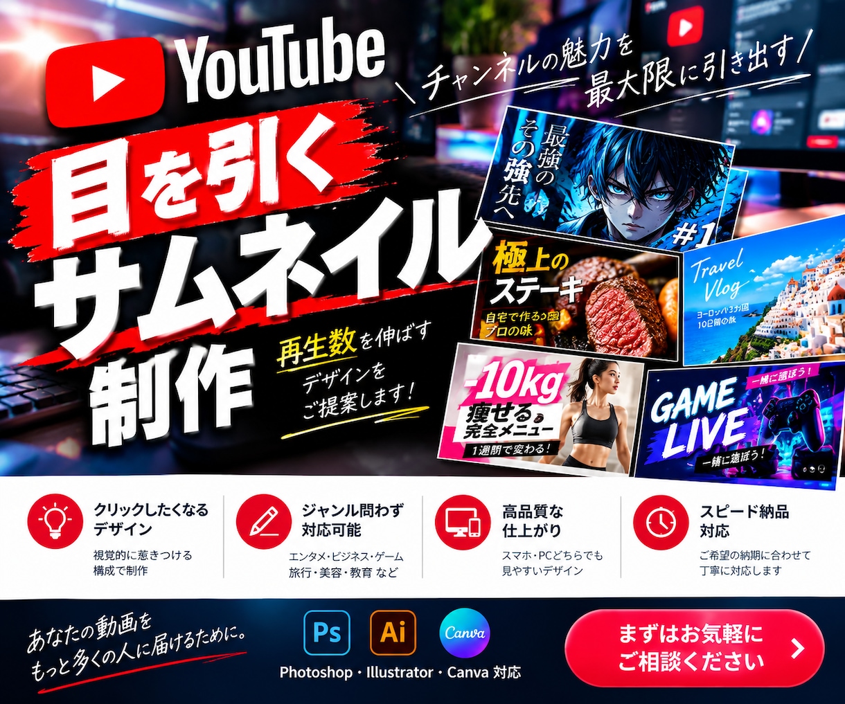 目を引くYouTubeサムネイルを制作します 内容が一目で伝わるサムネイルに仕上げます イメージ1