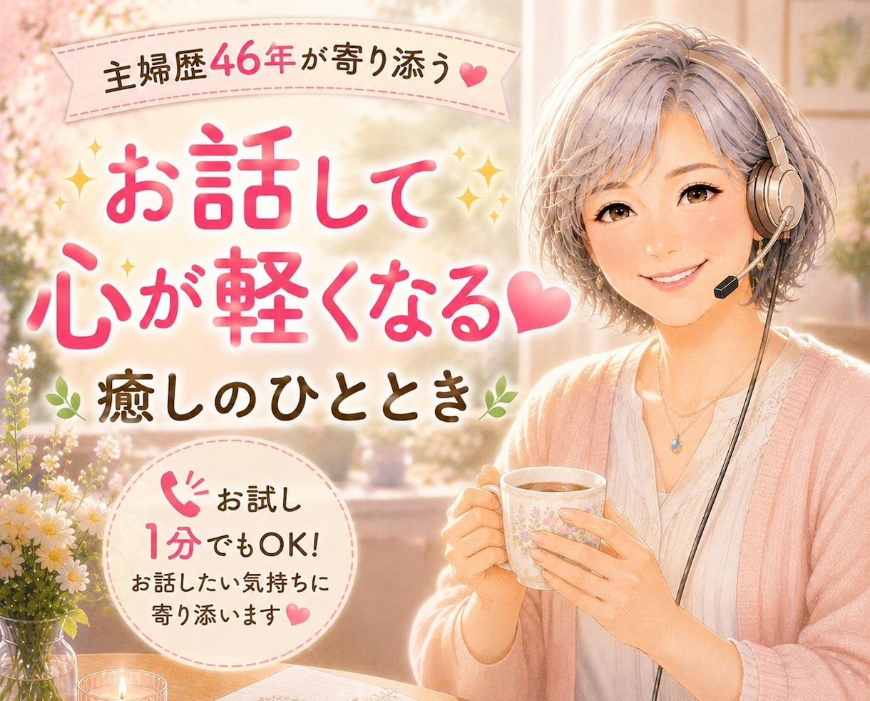 お試し１分でもOK！お話したい気持ちに寄り添います 主婦歴46年お話する事でほっとできる癒し時間をお届けします！ イメージ2