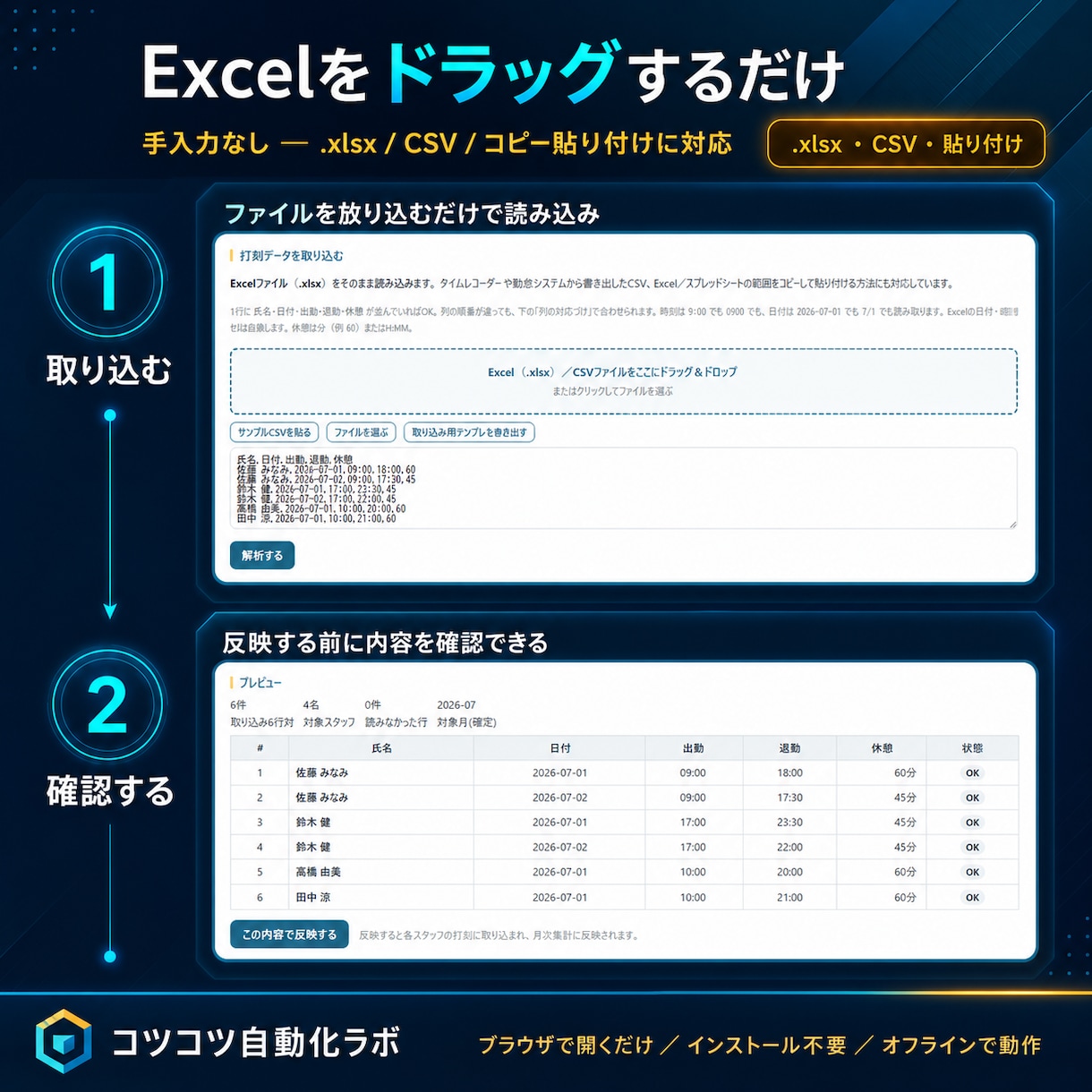 タイムカード集計を自動化するツールをお渡しします 勤怠管理・労働時間・残業まで自動集計。インストール不要 イメージ2