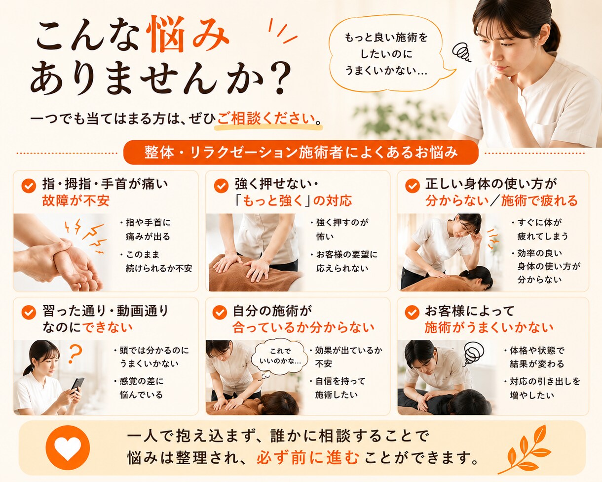 整体・リラクゼーション施術者の疑問に答えます 25年の現場経験から施術の迷いを一緒に整理 イメージ2