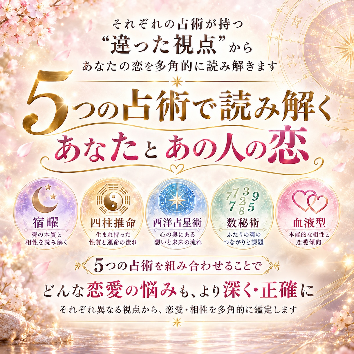 5 占術を統合◆ふたりの恋愛・相性を徹底鑑定します 5つの占術を重ね、ふたりの恋愛・相性を多角的に分析します。 イメージ2