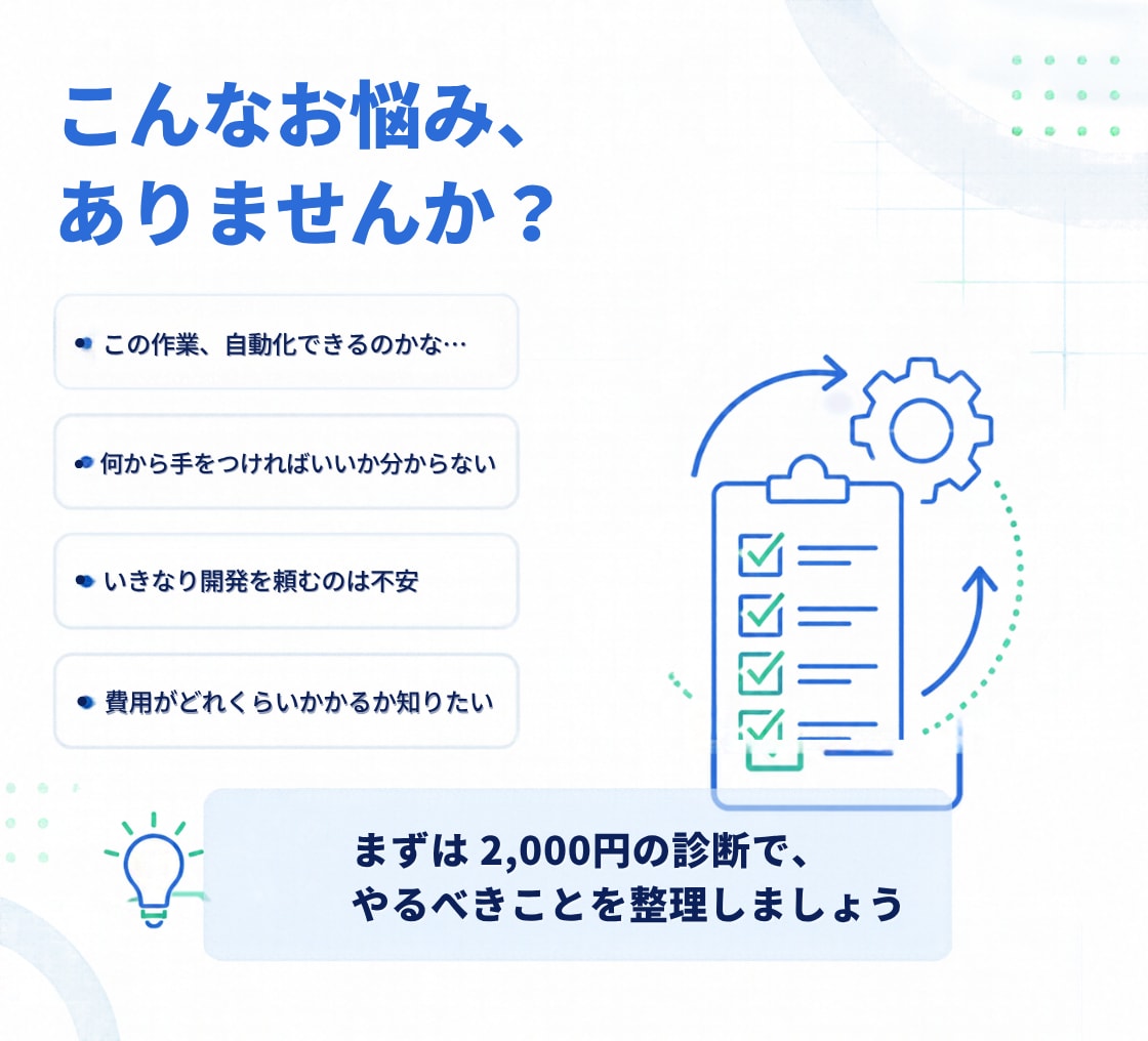 業務の「これ自動化できる？」を診断します スプレッドシートやGmailの手作業を整理し改善案をお届け イメージ2