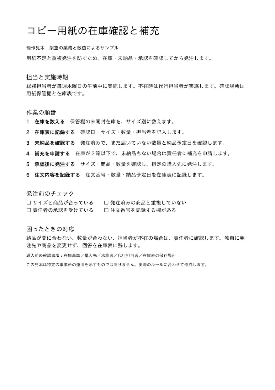 メモや資料をA4一枚の業務手順書にまとめます 担当者しか分からない仕事を、引継ぎに使える資料へ イメージ1