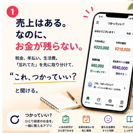 売上はあるのにお金が残らないを一緒に解決します 口座残高ではなく「今つかっていい金額」を見える化します イメージ1
