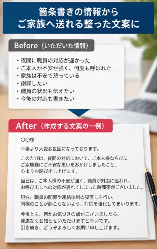 介護施設の家族への返信・説明文を作成します 生活相談員15年の経験を活かして文面を整えます イメージ3