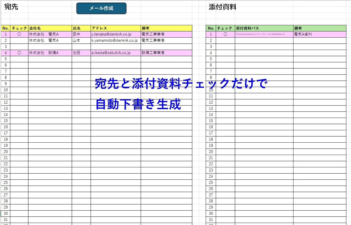 Excel×OutLook連携メール自動作成ます 複数宛先メールをワンクリック作成 イメージ2