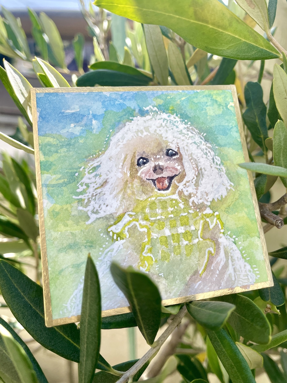 ペットの似顔絵を水彩で描きます 小さな色紙に、家族との優しい思い出を残します。 イメージ1