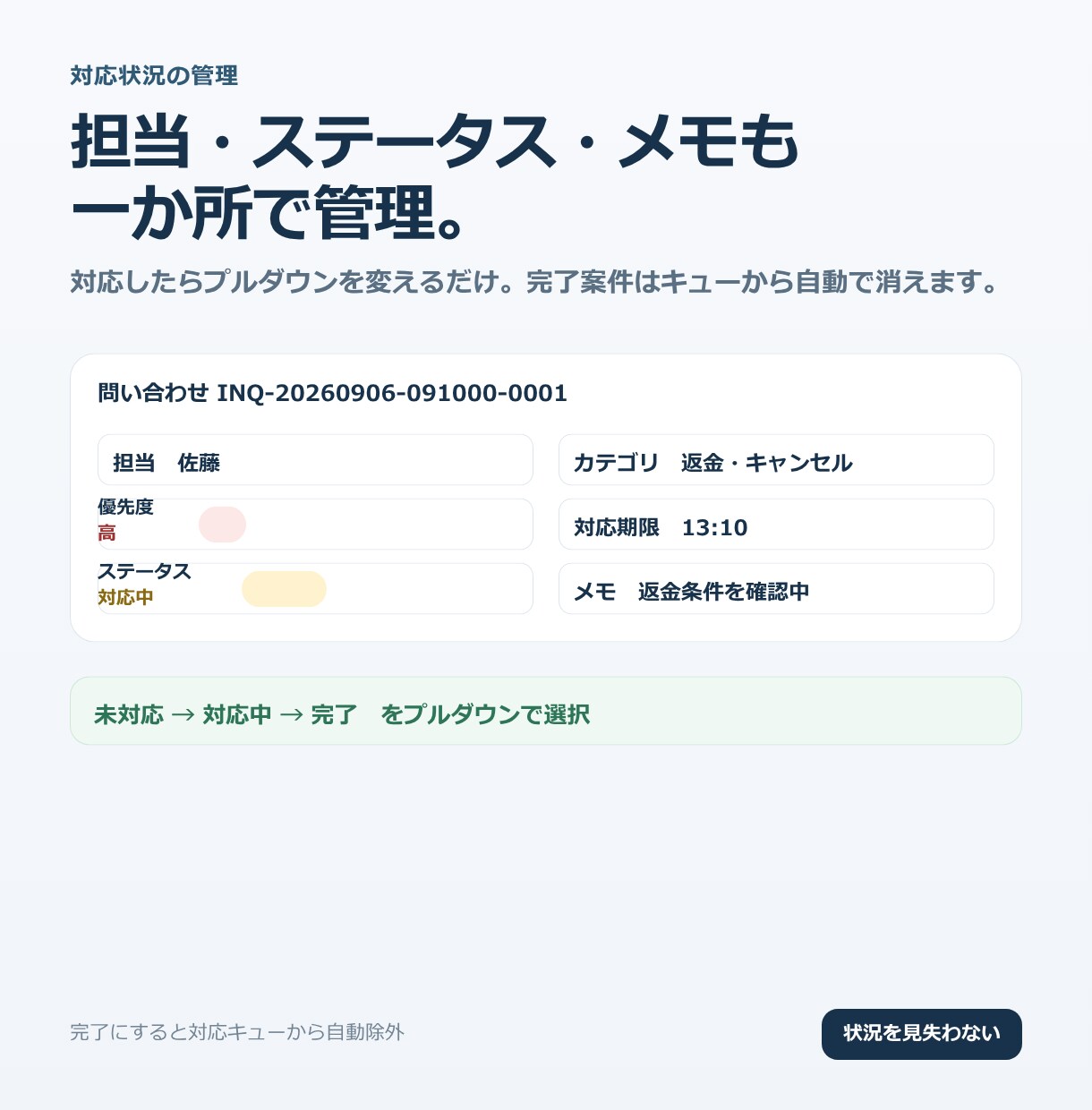 Googleフォームの問い合わせ管理表を作ります 対応漏れを防ぐ｜急ぎの問い合わせが分かる表 イメージ5