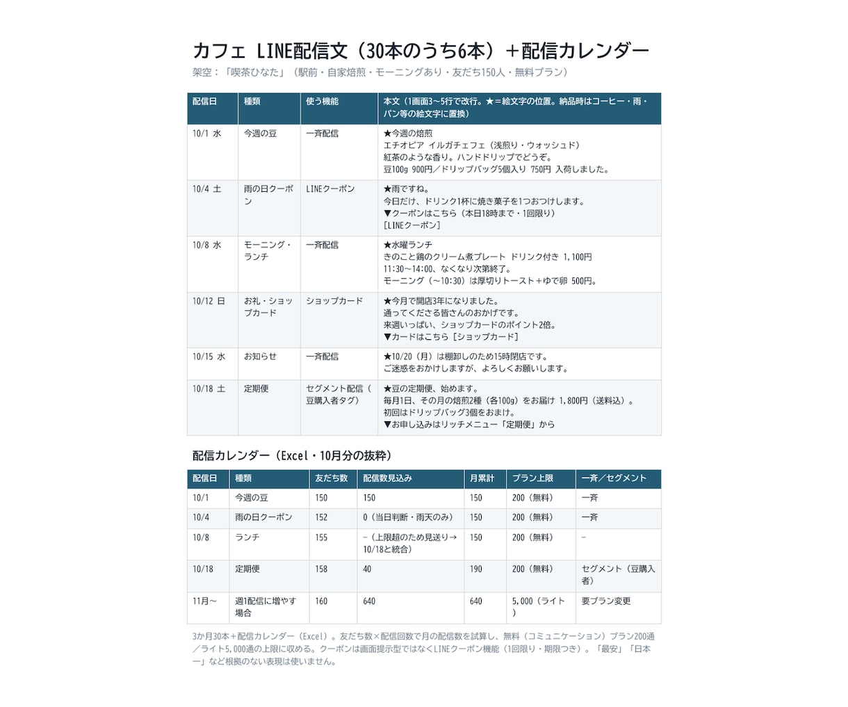 カフェのLINE配信文30本と配信計画を作ります 30本と配信カレンダー。配信数の上限に収まる週次計画で イメージ2