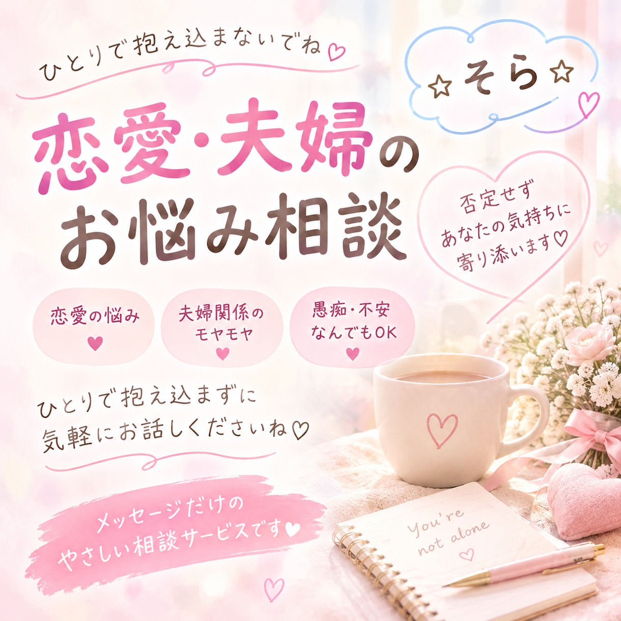 恋愛や夫婦の悩みを優しく聞きます あなたの気持ちに寄り添います♡ イメージ1
