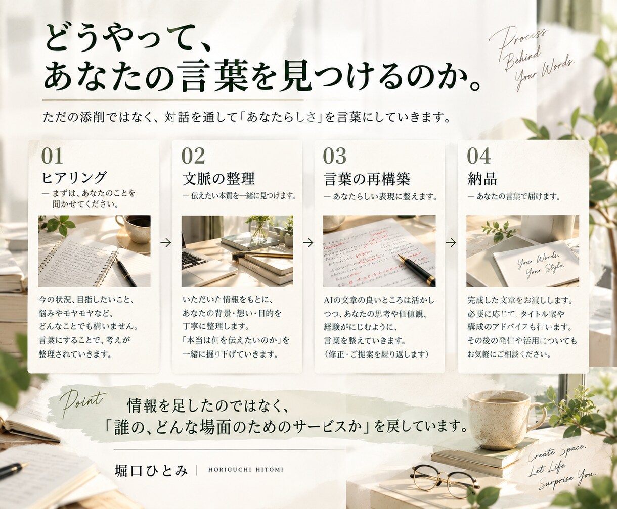 AIで作ったサービス紹介文を、伝わる言葉に整えます コーチ・講師・コンサル・個人事業主｜あなたらしさ伝わる文章へ イメージ7