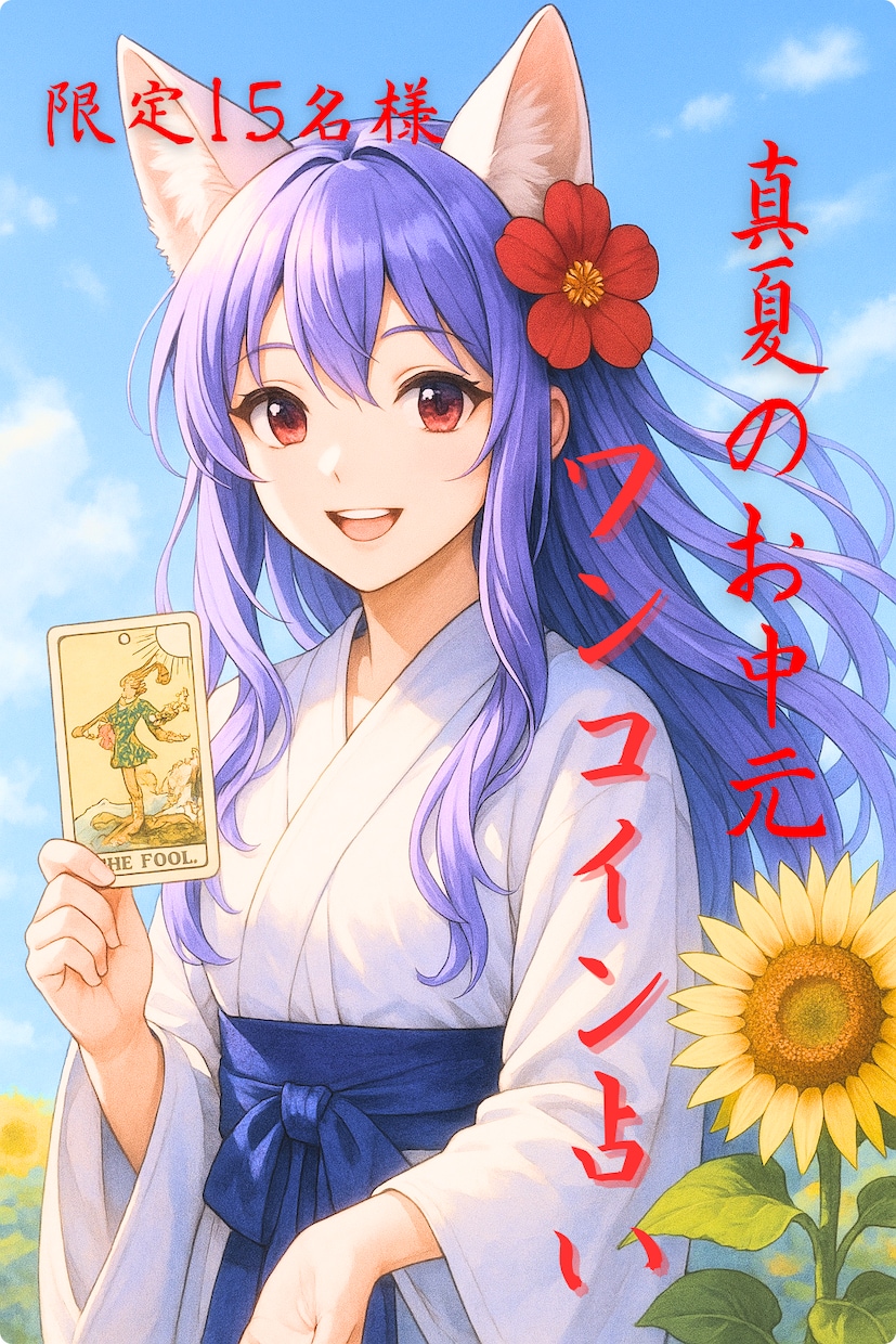 8月末まで！どんな悩みも◎夏のお中元占いを届けます ワンコイン☆巫女の霊感タロットヒーリング☆限定15名様 イメージ1