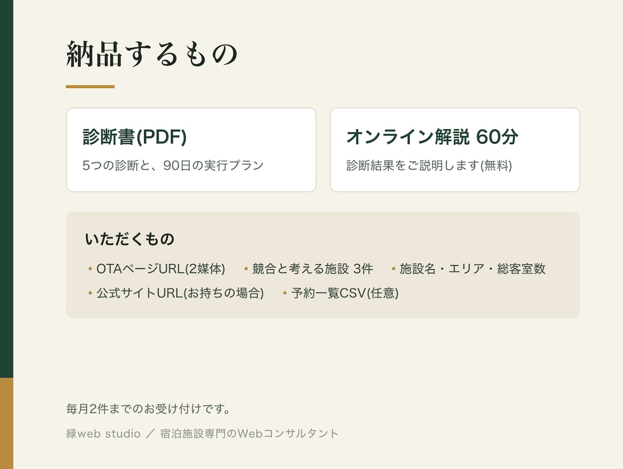宿の予約データとOTAから売上の伸び代を診断します 見せ方・プラン構成・HP改修まで具体案でお返しします イメージ3