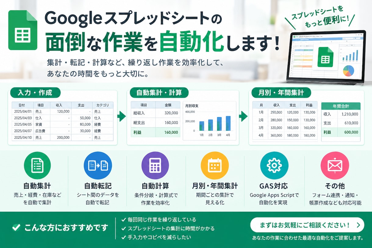 Googleスプレッドシートの作業を自動化します 面倒な集計・転記・管理作業を自動化します イメージ1