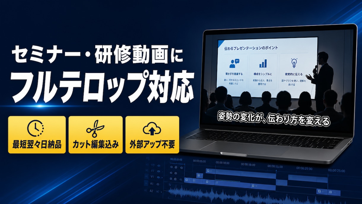 長尺セミナー・研修動画にフルテロップを入れますます 60分超もOK。カット編集込みで最短翌々日納品 イメージ1