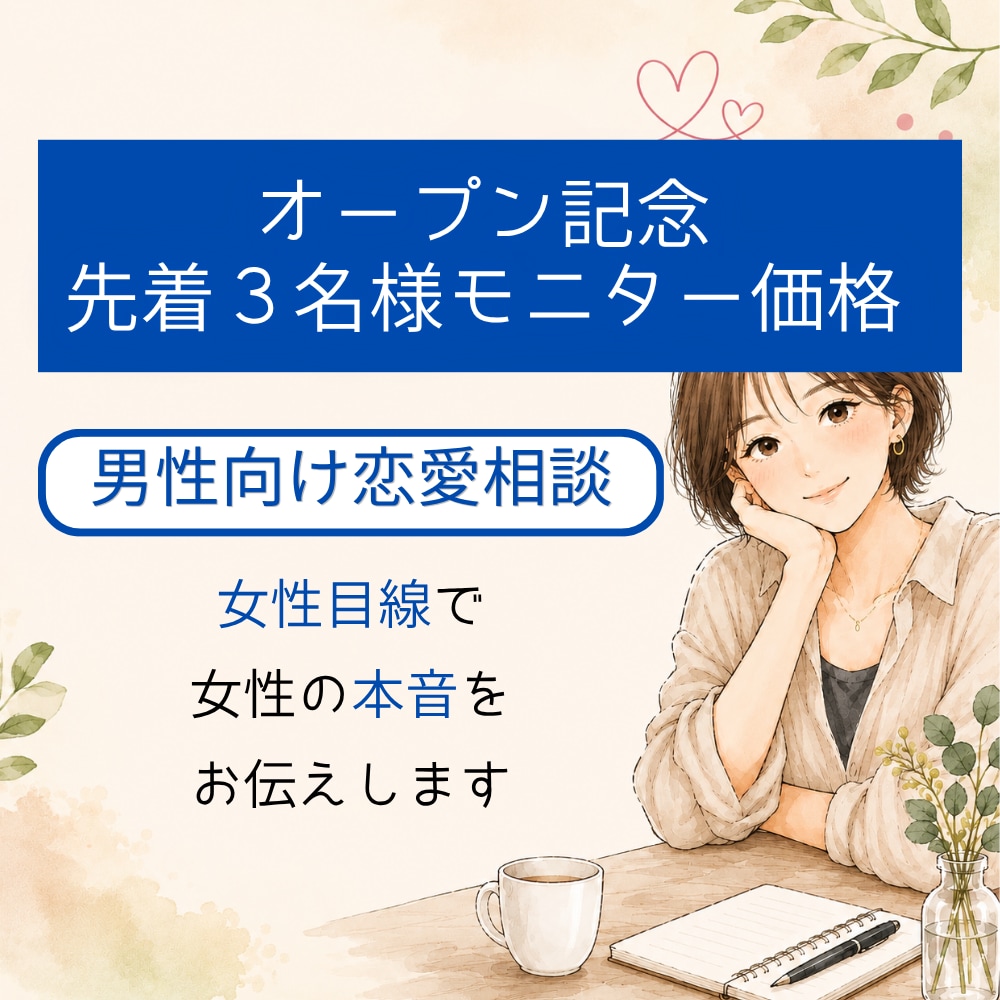 男性向け恋愛相談／チャットでご相談のります 女心に悩む男性へ。女性目線で本音をお伝えします イメージ1