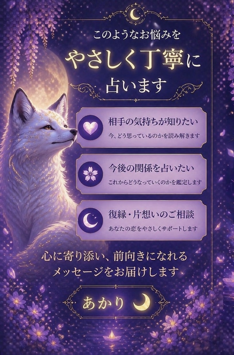 相手の気持ちを優しく丁寧に占います 不安な恋にやさしく寄り添い、相手の気持ちを丁寧にお伝えします イメージ2