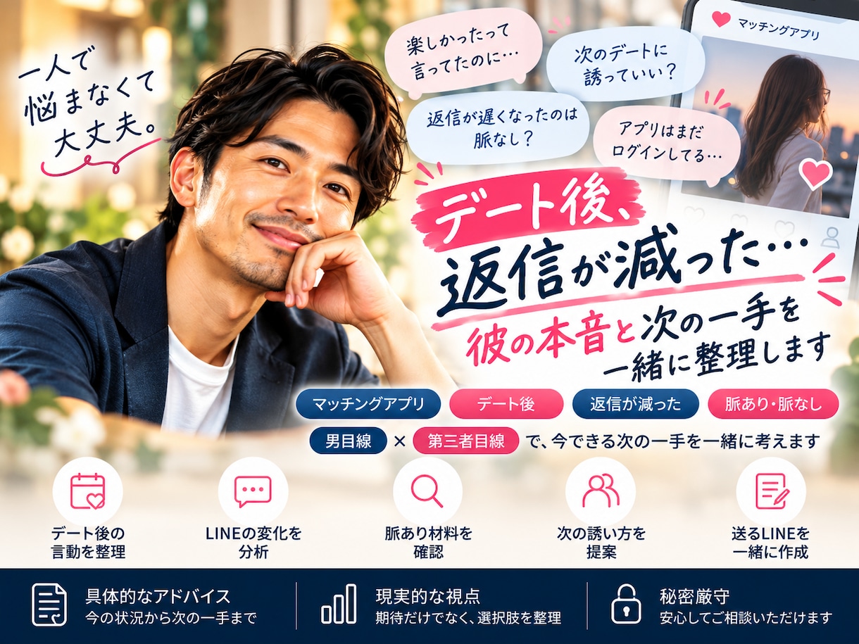 デート後に返信が減った彼の本音を男目線で整理します マッチングアプリ・デート後の脈あり脈なしと次の一手を考えます イメージ1