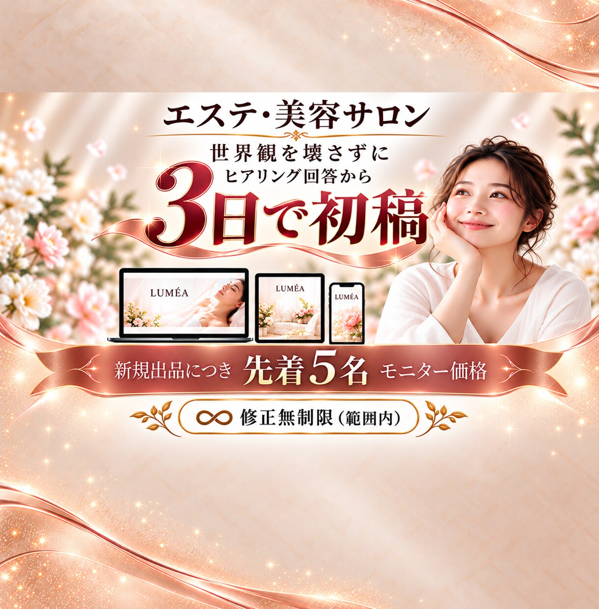 3日で初稿｜エステ・美容サロンの集客LP作ります ホットペッパー併用OK｜ヒアリング回答から3日で初稿 イメージ1