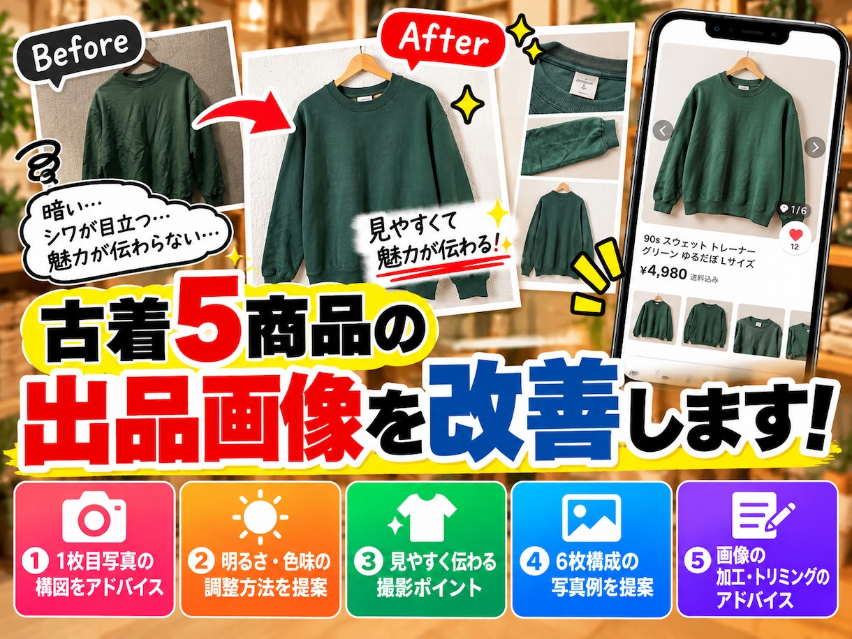 古着5商品の出品画像を改善します 1枚目で損してない？写真の構図・明るさ・見せ方をアドバイス イメージ1