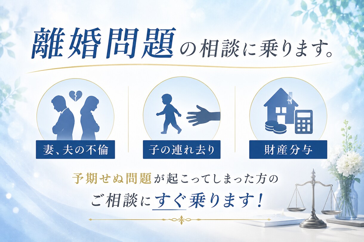 離婚関係、連れ去り別居、弁護士対策、お教えします 急な出来事でお困りの方にすぐに対応できるアドバイスします。 イメージ1