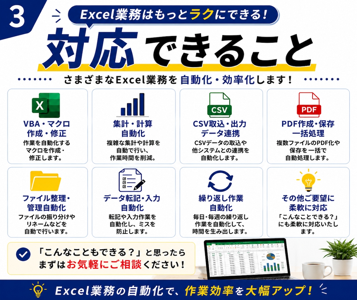 Excel業務をボタン1つで自動化・時短します コピペ・転記・集計を現場目線でまとめて効率化します イメージ3