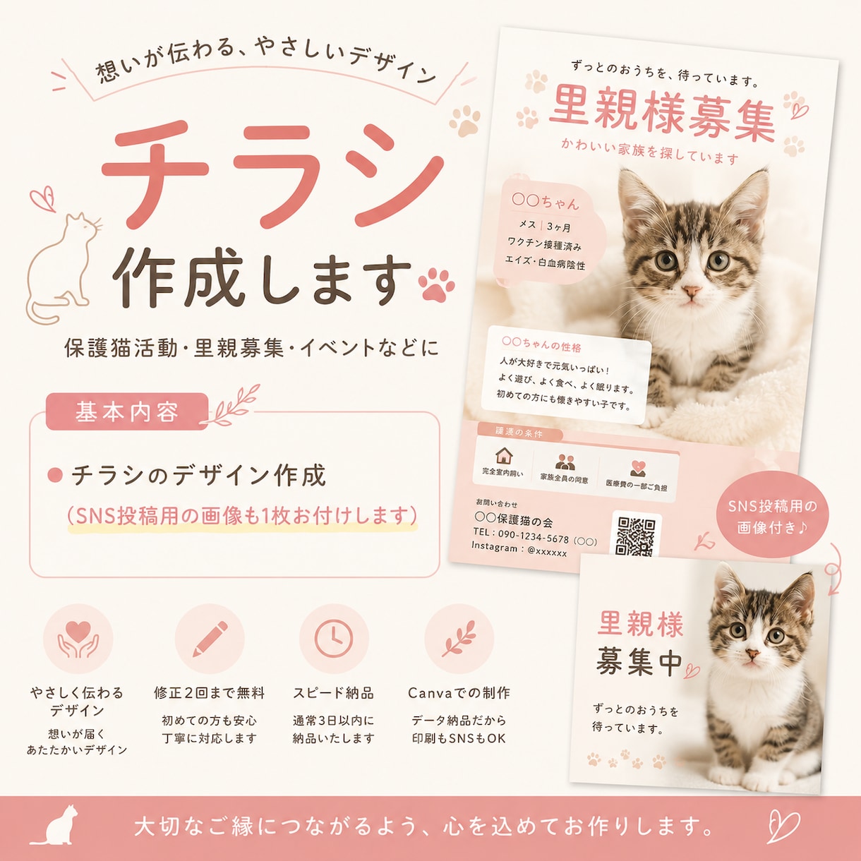 保護猫ちゃんチラシ（画像付）を作成いたします 保護猫活動を、デザインでお手伝いします イメージ1