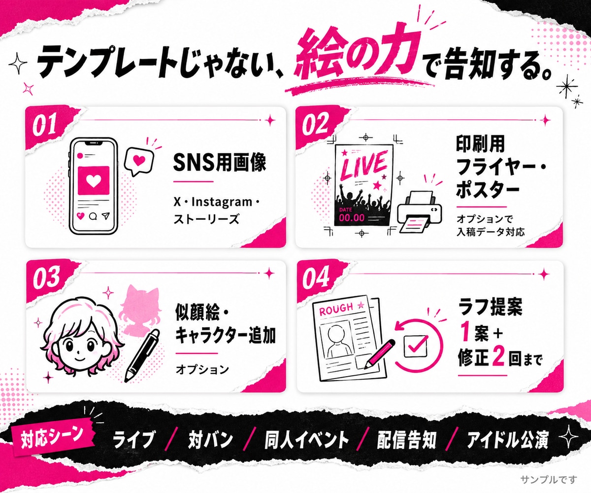 イベント告知に使える画像とフライヤーを制作します 有名人似顔絵やMV制作を手がけるプロが担当 イメージ2