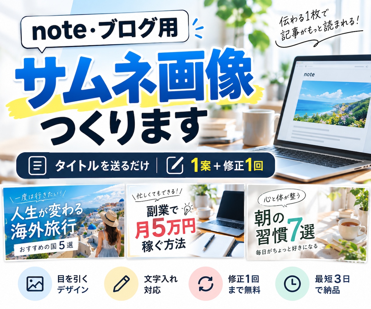 note・ブログのサムネ画像を作ります タイトルを送るだけ。目を引く1枚に仕上げます イメージ1