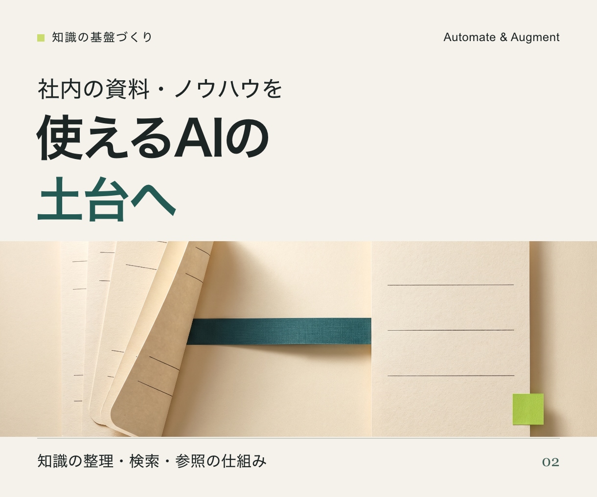 社内資料をAIで使える知識基盤に整えます 資料を探す・同じ説明を繰り返す仕事を減らす土台 イメージ1