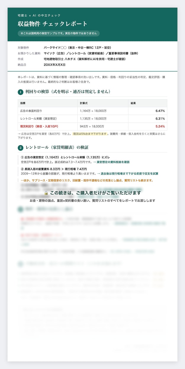 収益物件のレントロールを宅建士×AIがチェックます その利回り本当に出ますか？不動産投資の落とし穴をリストアップ イメージ1