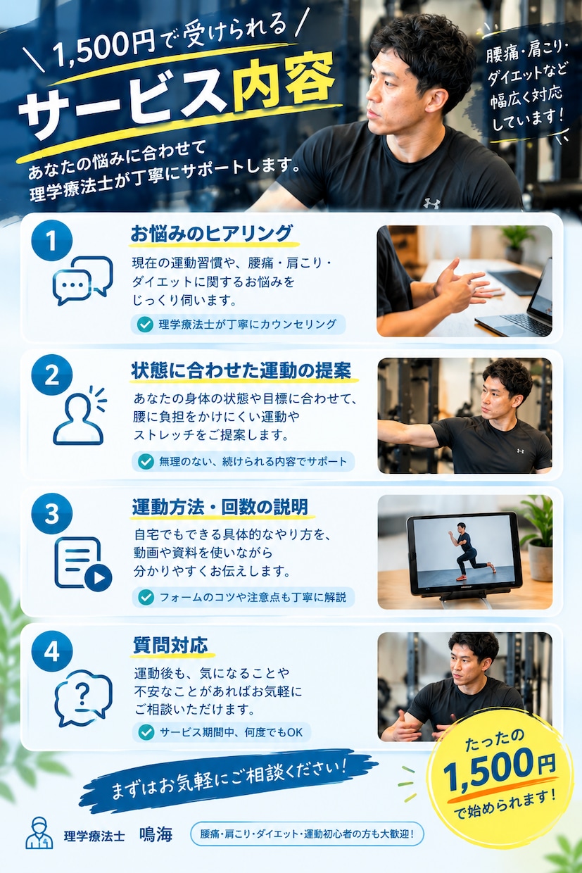 腰痛・肩こりが気になる方へオンライン運動指導します 理学療法士が一人ひとりに合った運動を提案します。 イメージ2