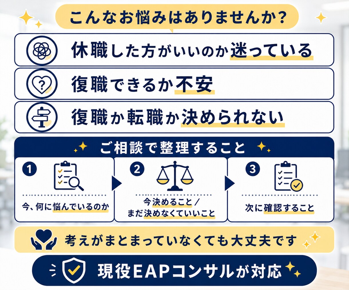 現役EAPコンサルが休職・復職の迷いを整理します 労働者支援の現場から、会社側の視点も交えて一緒に考えます イメージ2