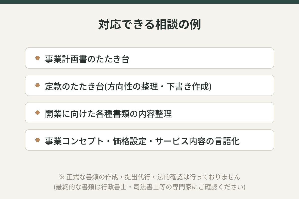 起業・独立準備の書類づくり、壁打ち相談承ります 一人で抱え込まず、まず話しながら整理しませんか？ イメージ1