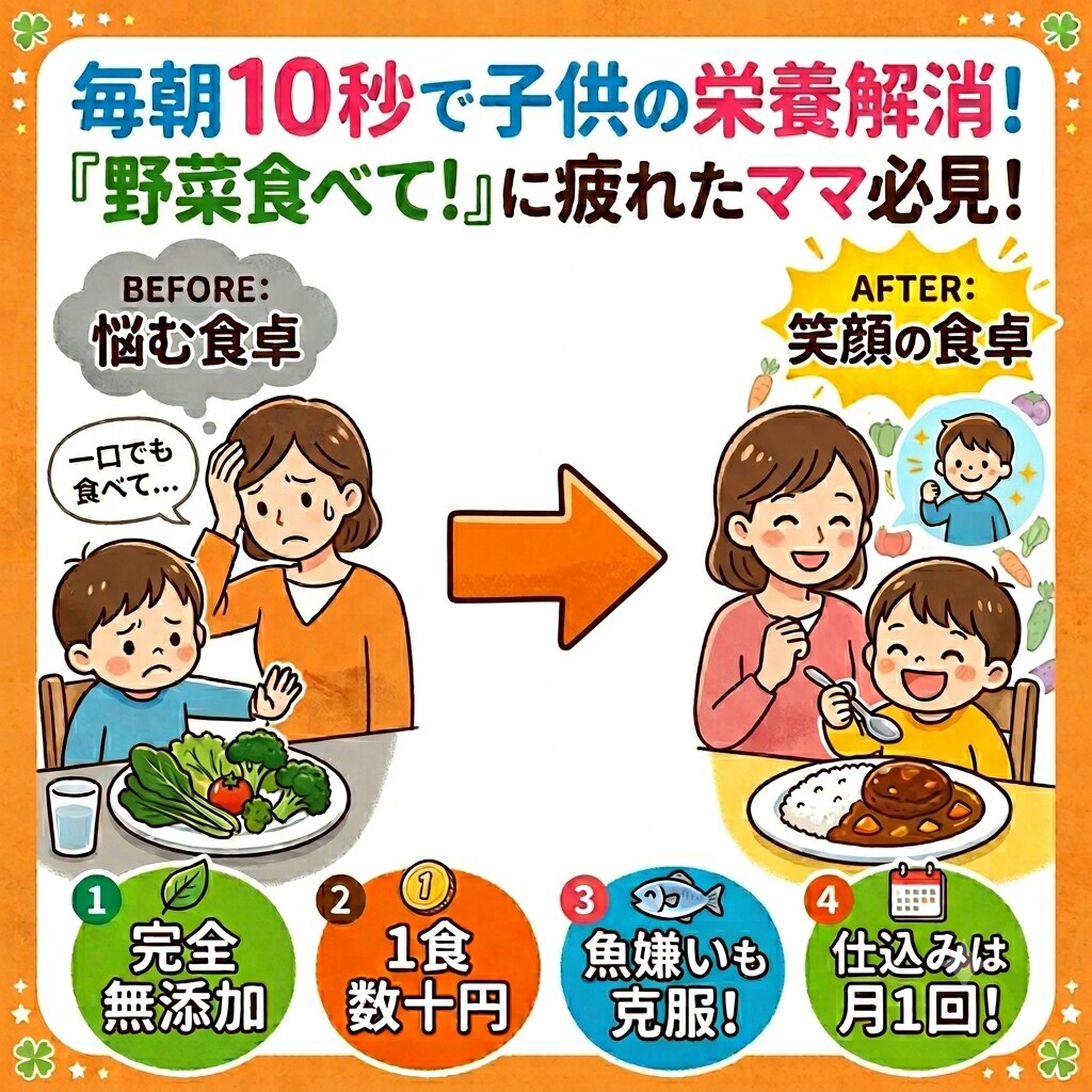１０秒で子供の栄養不足を解消します 「野菜食べて！」に疲れたママへ。朝１０秒で作る子供の完全食 イメージ1