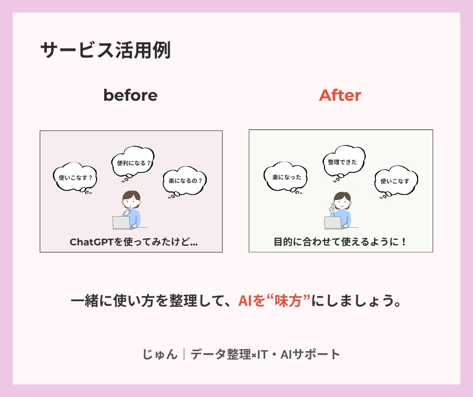 あなたのIT・AIまわりを一緒に整えます 難しい言葉なしで、あなたのペースに合わせてサポートします。 イメージ2