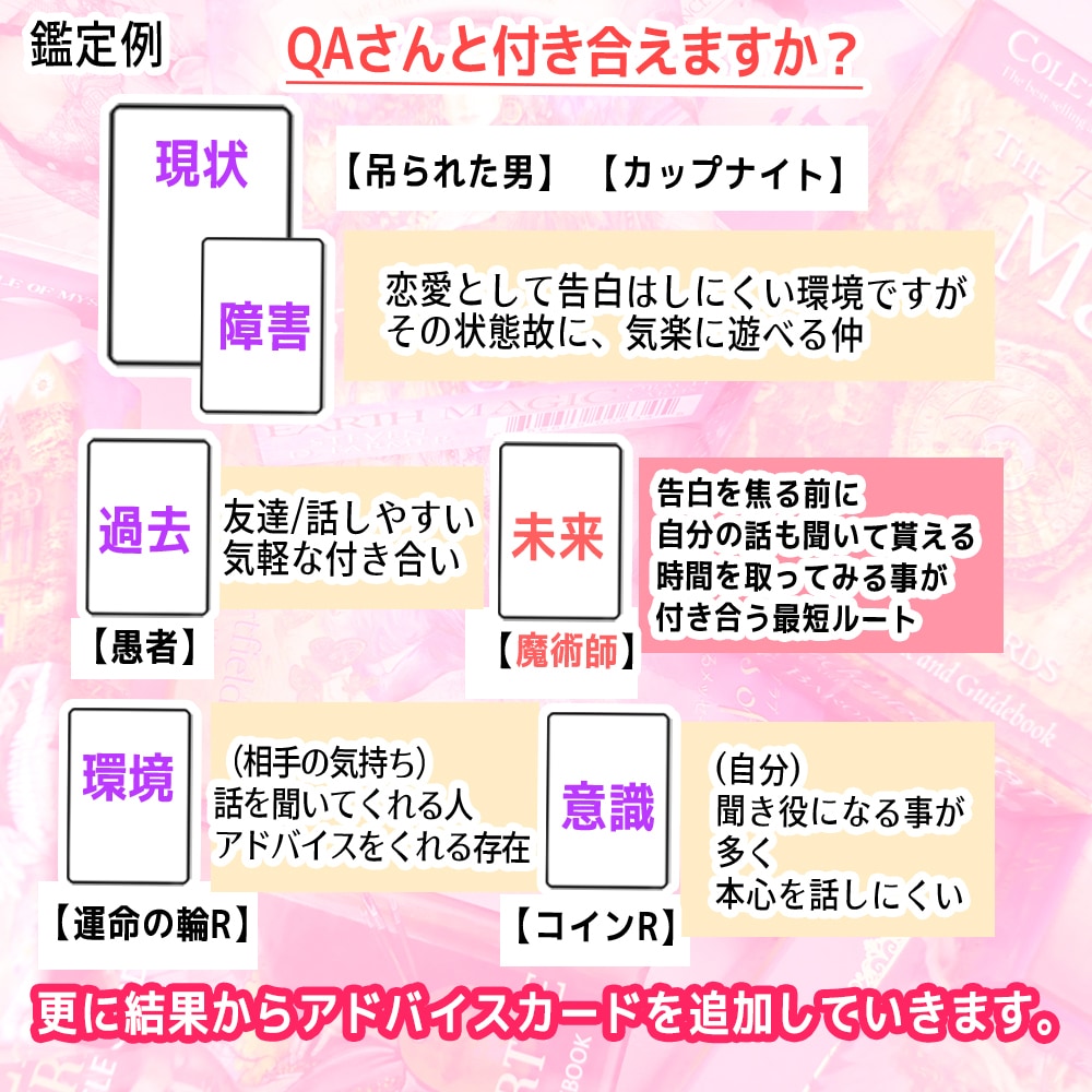 恋愛相談/抱えているモヤモヤをカードで占います タロット初心者、ネット鑑定にご不安な方にも安心の画像付き鑑定 イメージ3