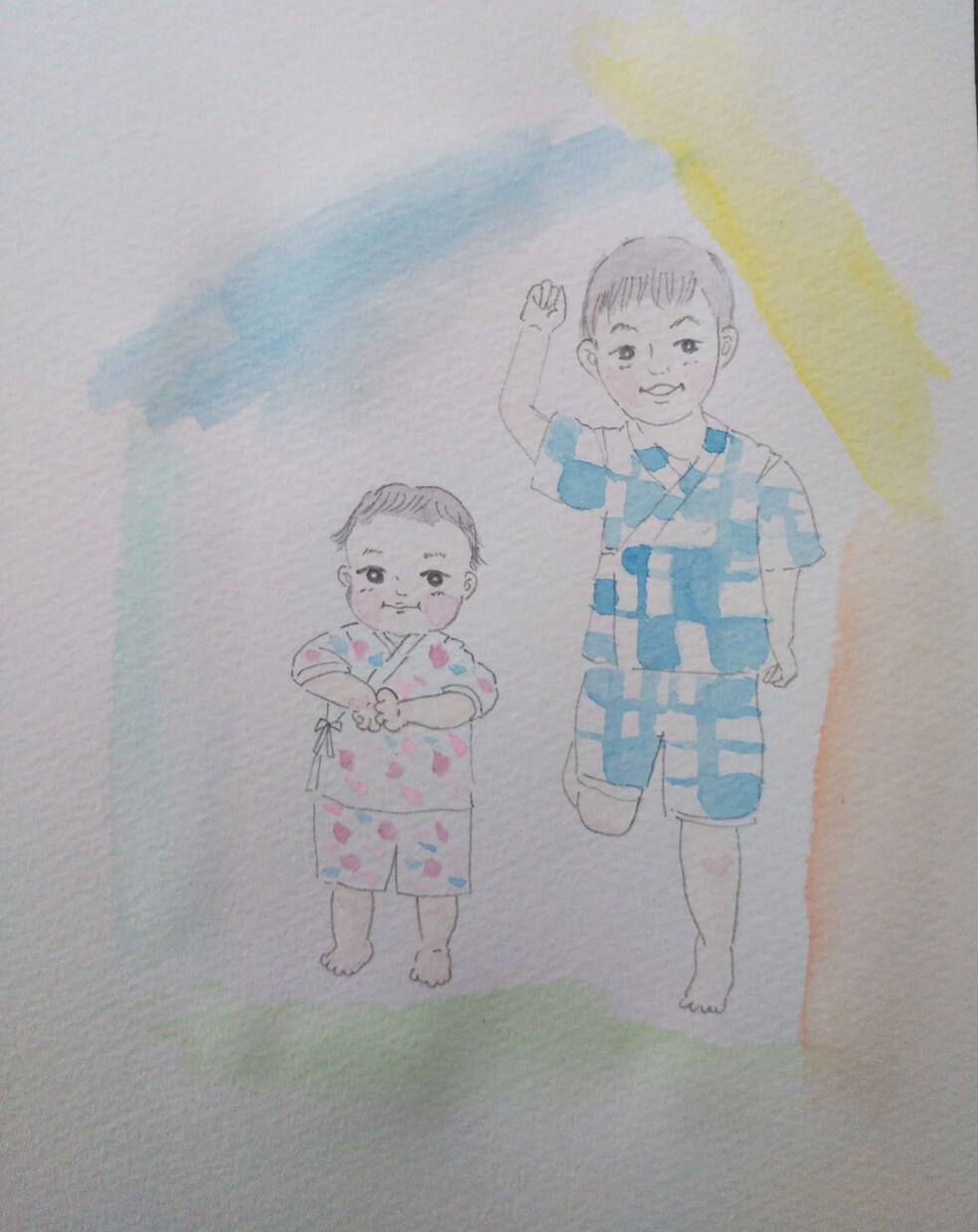優しいタッチの水彩画似顔絵描きます 水彩絵の具と水彩色鉛筆を使い優しい感じの似顔絵を制作します イメージ3